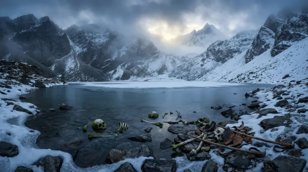 Skeleton Lake Roopkund-এর বরফে ঘেরা হিমবাহ হ্রদ, যেখানে রূপকুন্ড কঙ্কালের রহস্য বহন করা প্রাচীন মানুষের হাড় ছড়িয়ে রয়েছে